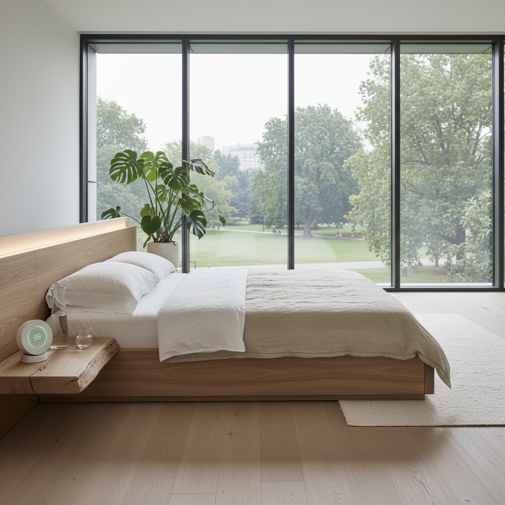 Nowoczesna sypialnia z czujnikiem jakości powietrza i widokiem na park