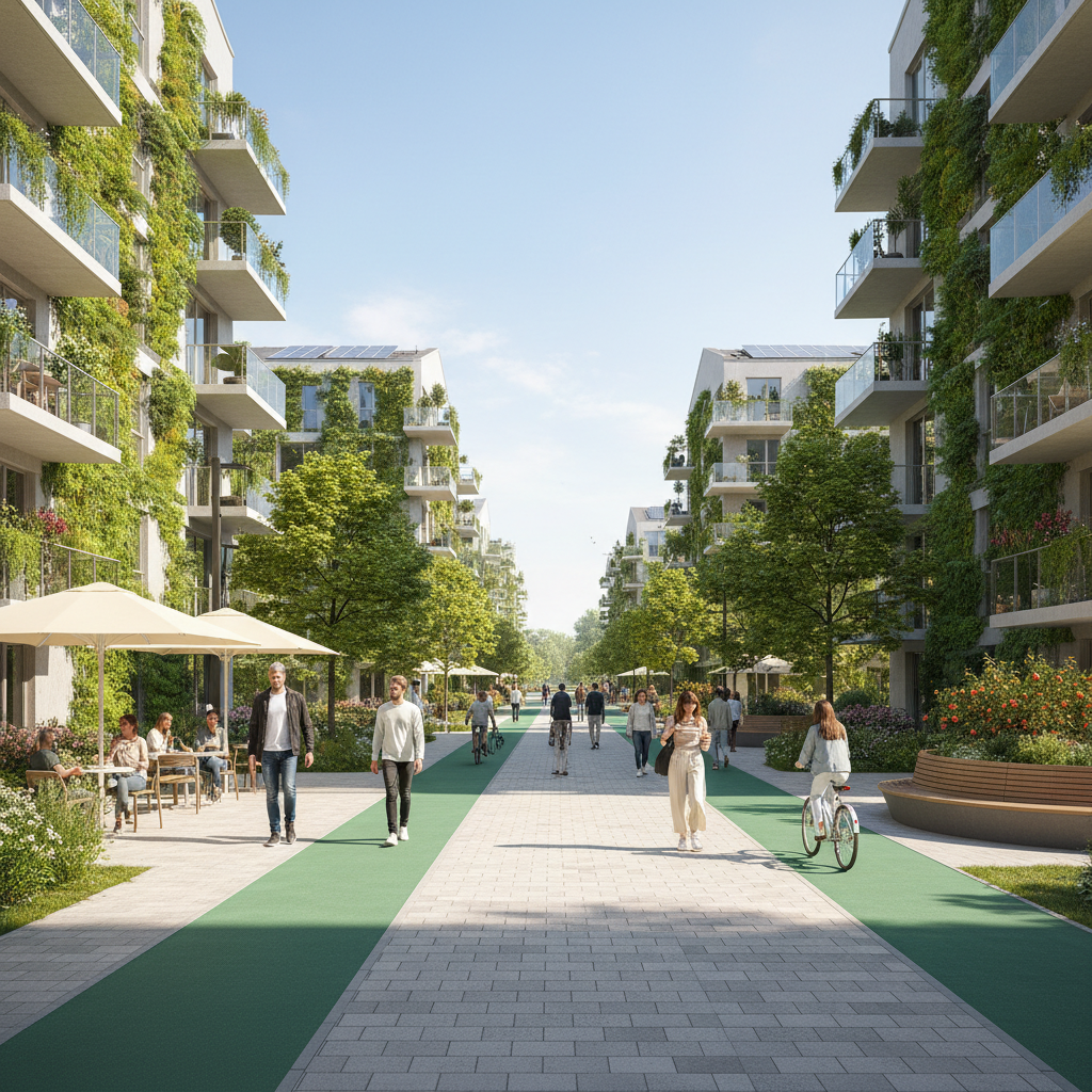 Nowoczesne miasto 15-minutowe z zielenią i infrastrukturą pieszą