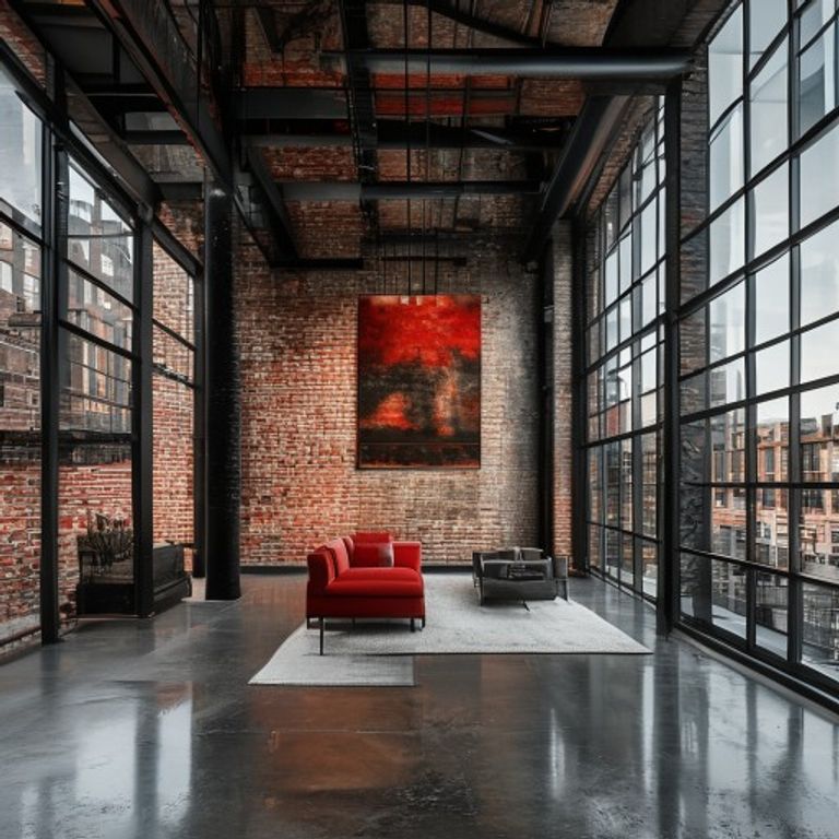 Luxury modernised industrial loft interior with exposed brick and smart home technology